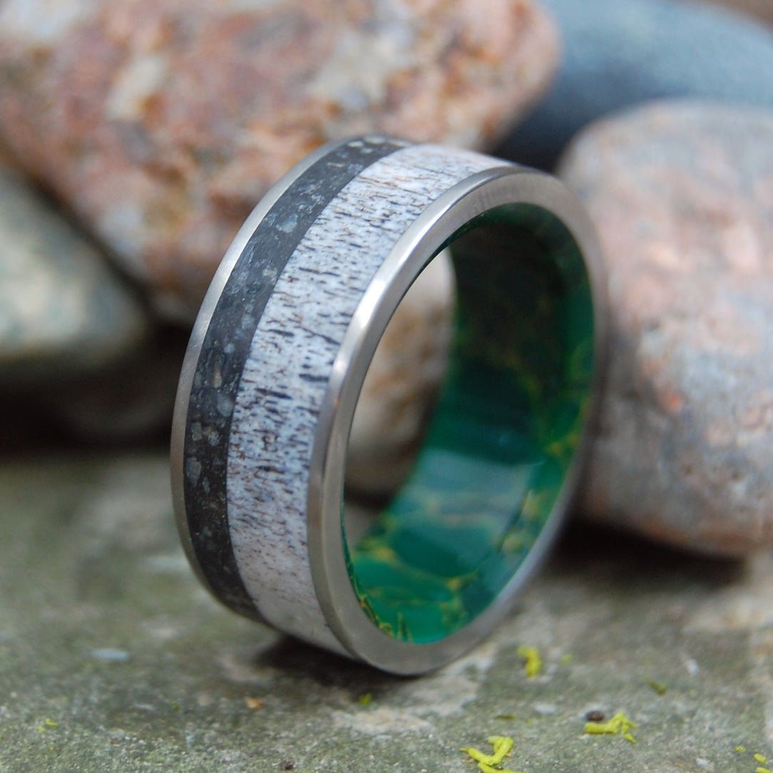 Wading Alaskan Moose | Men's Moose Antler, Alaska Beach Sand, Jade & Titanium Wedding Ring - Minter and Richter Designs