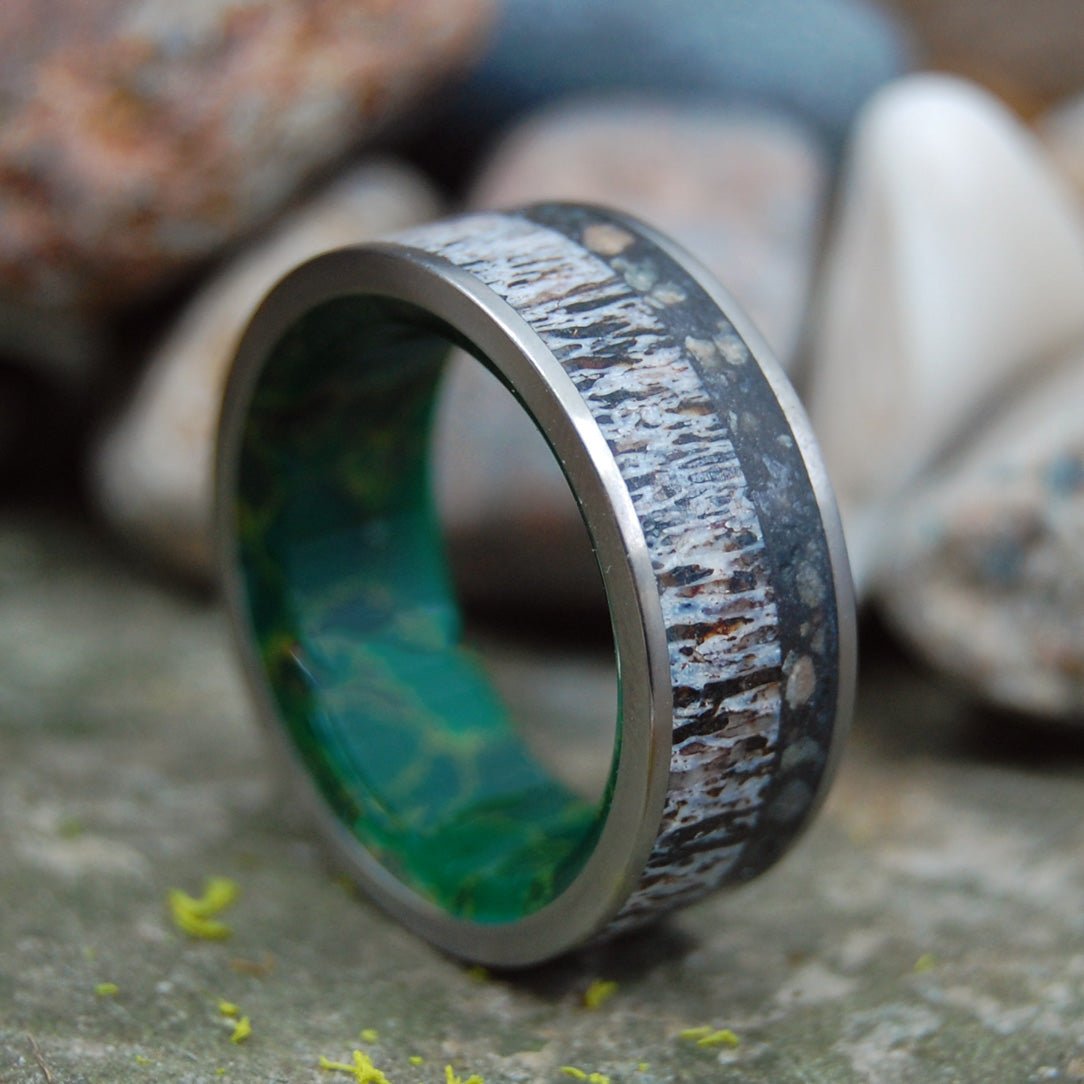 Wading Alaskan Moose | Men's Moose Antler, Alaska Beach Sand, Jade & Titanium Wedding Ring - Minter and Richter Designs