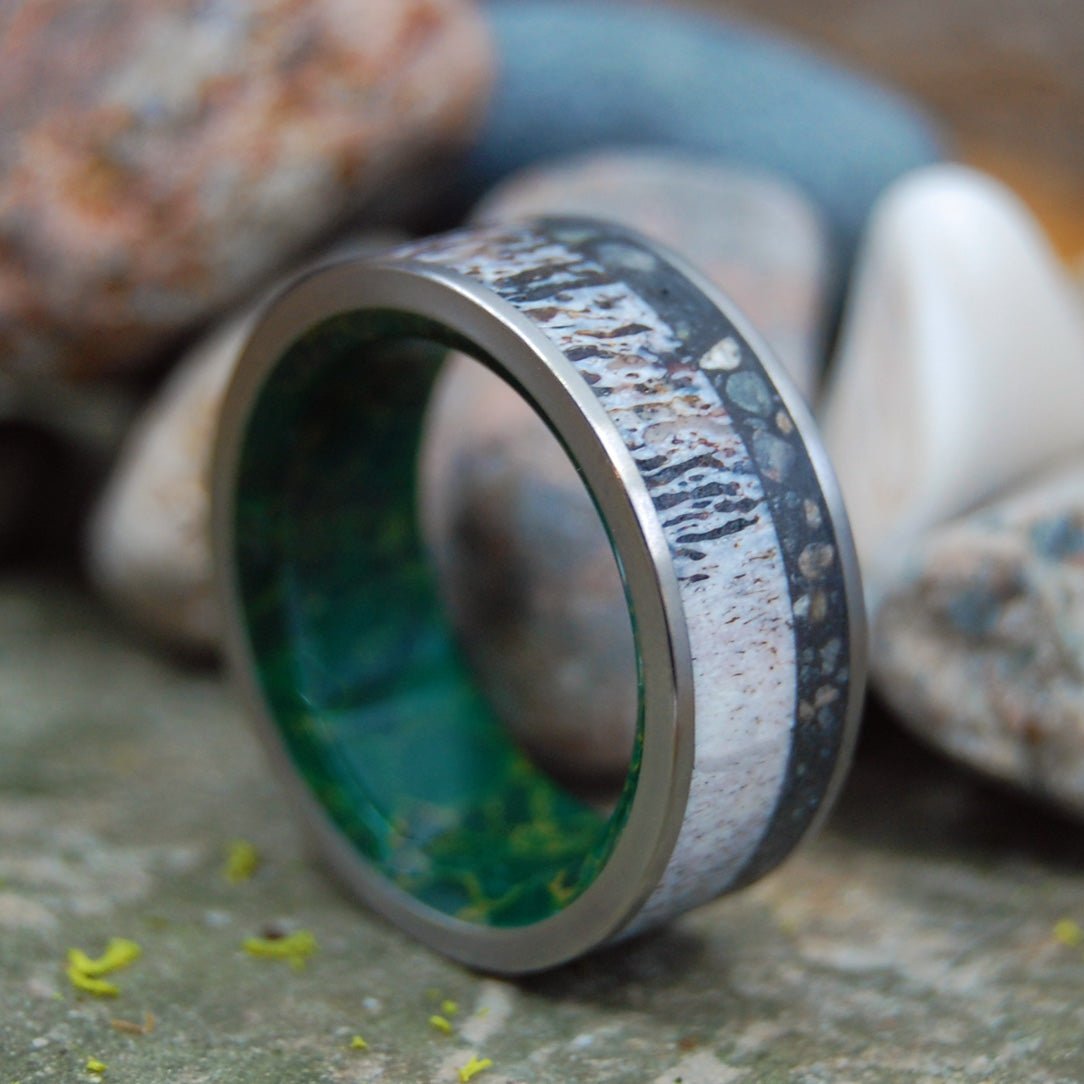 Wading Alaskan Moose | Men's Moose Antler, Alaska Beach Sand, Jade & Titanium Wedding Ring - Minter and Richter Designs