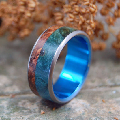 Walden | Men's Redwood, Blue Box Elder & Titanium Wedding Ring - Minter and Richter Designs