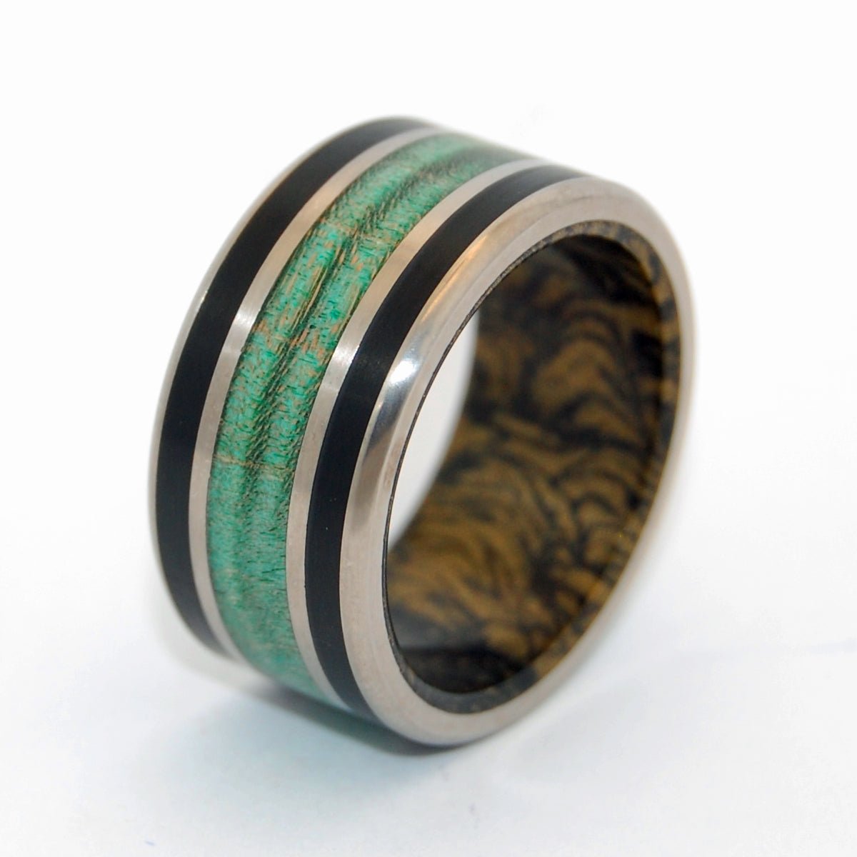 Water Buffalo Gold | Men's Mokume Gane, Green Maple, Horn & Titanium Wedding Ring - Minter and Richter Designs