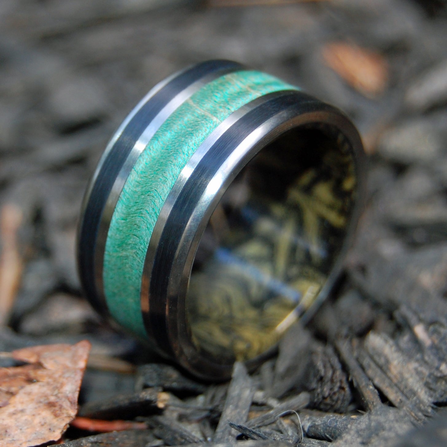 WATER BUFFALO GOLD| Mokume Gane, Green Maple & Horn - Titanium Wedding Ring