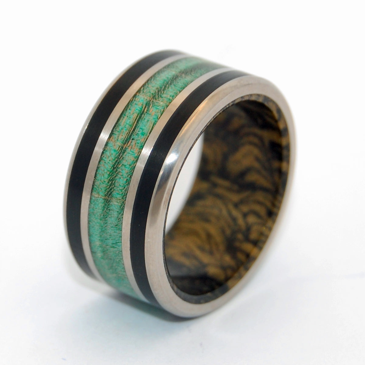 WATER BUFFALO GOLD| Mokume Gane, Green Maple & Horn - Titanium Wedding Ring