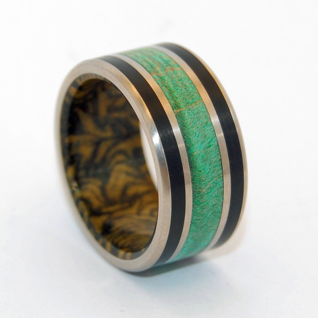 WATER BUFFALO GOLD| Mokume Gane, Green Maple & Horn - Titanium Wedding Ring