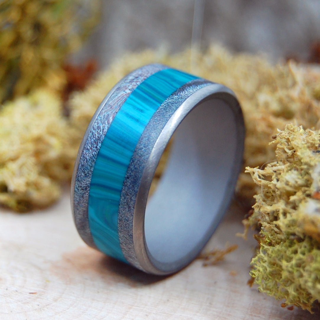 We Are As Swimmers | Men's Blue Maple Wood, Chrysocolla Stone & Titanium Wedding Ring - Minter and Richter Designs