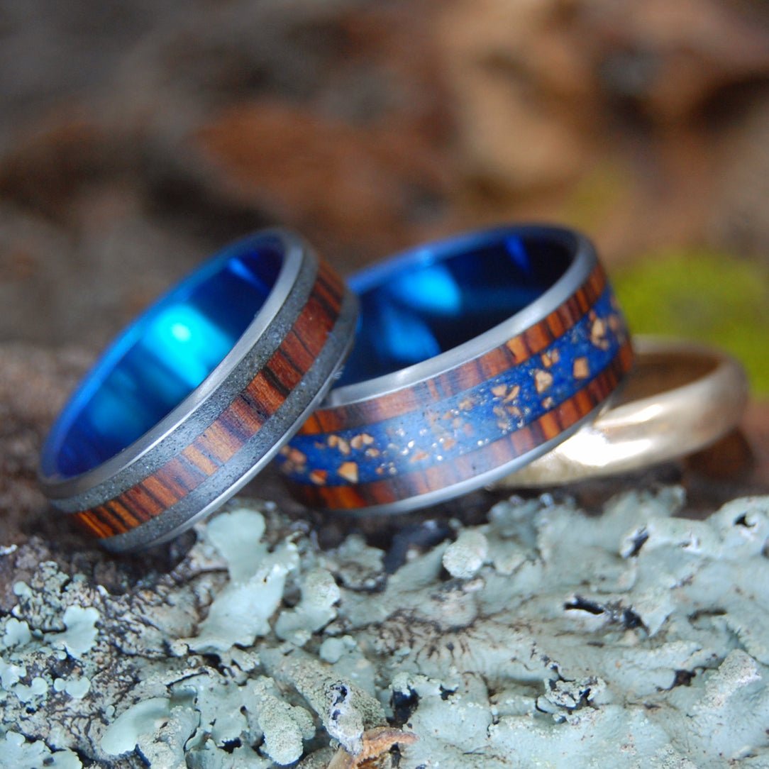 We Have It All | Beach Sand, Fenway Park Flecks & Cocobolo Wood - Titanium Wedding Ring Set - Minter and Richter Designs