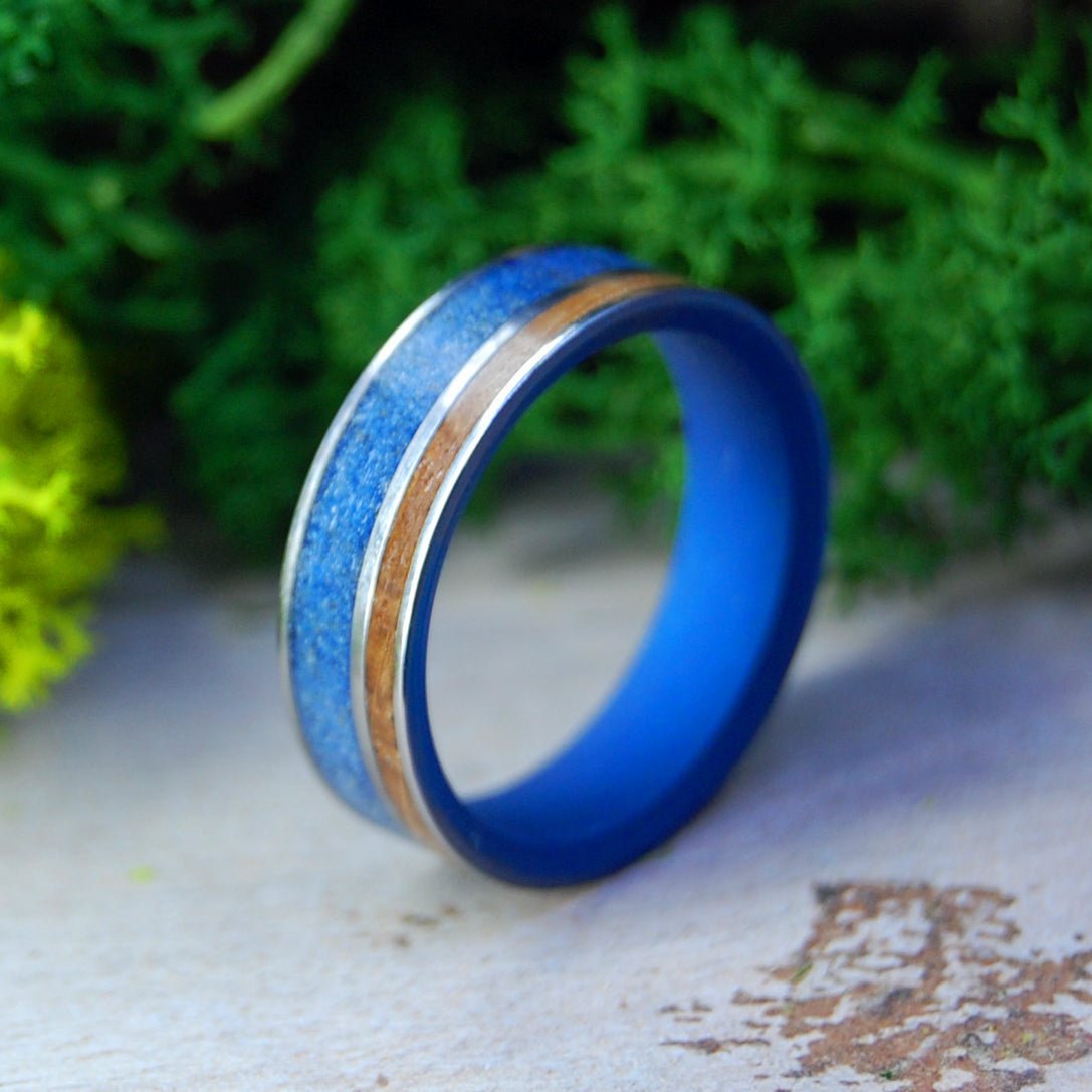 Whiskey Blue New England | Men's Whiskey Barrel Wood, Beach Sand & Titanium Wedding Ring - Minter and Richter Designs