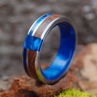 Whiskey On Ice | Men's Whiskey Barrel Wood, Blue Marbled Opalescent & Titanium Wedding Ring - Minter and Richter Designs