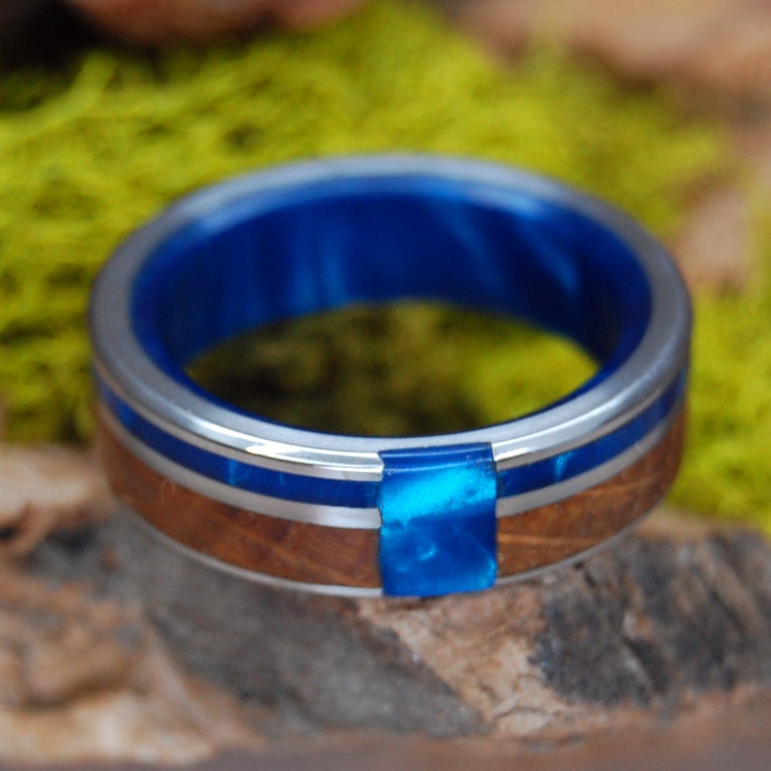 Whiskey On Ice | Men's Whiskey Barrel Wood, Blue Marbled Opalescent & Titanium Wedding Ring - Minter and Richter Designs