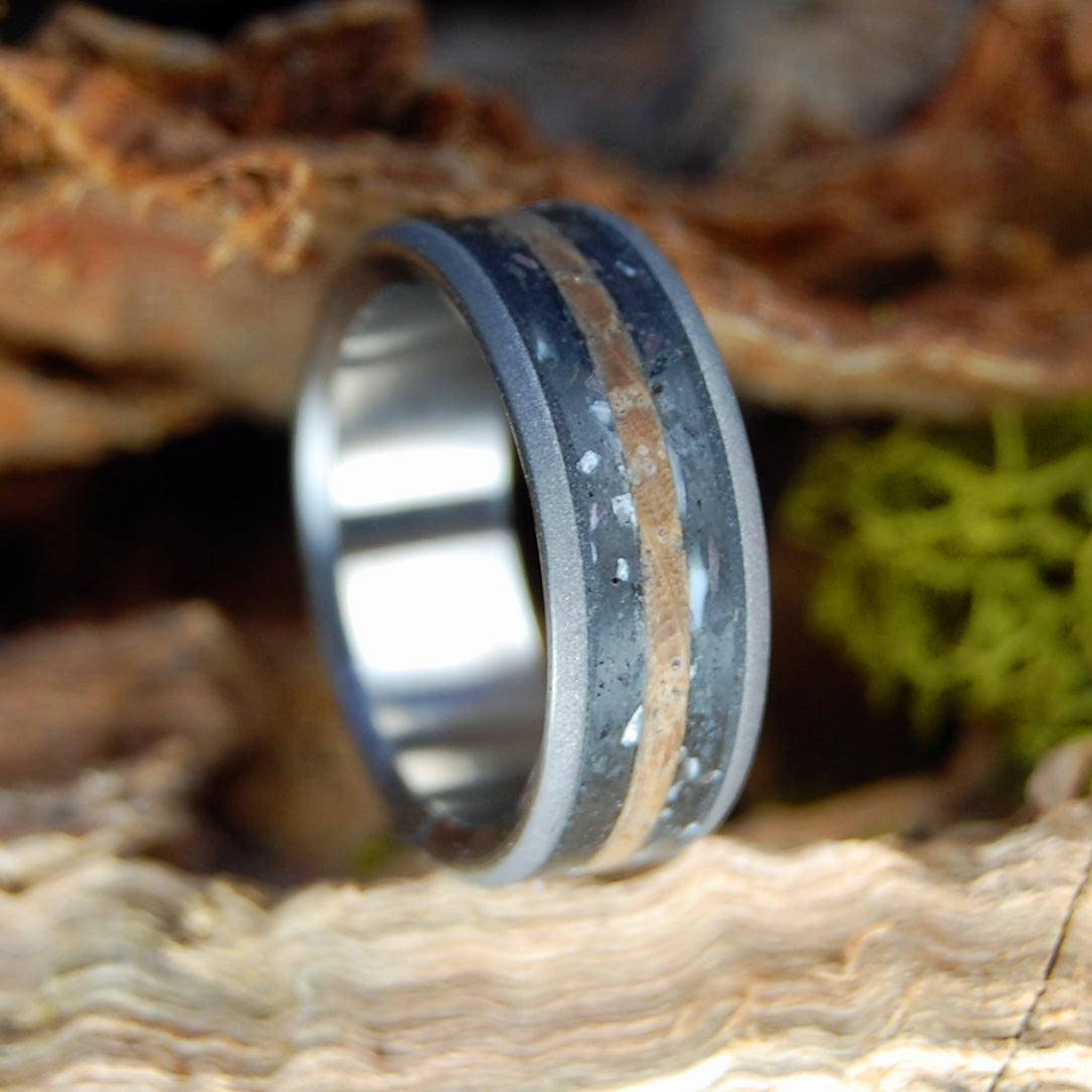 TAKING WHISKEY SHOTS WITH A T-REX | Dinosaur Tooth/Bone & Whiskey Barrel Wood Wedding Ring - Minter and Richter Designs