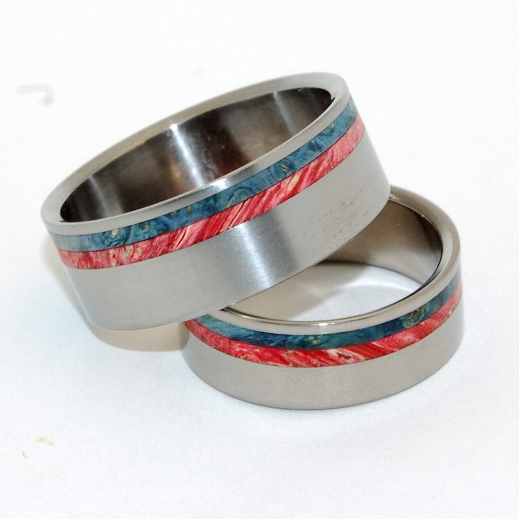 Wild Blue Yonder | Blue Wood And Red Wood Matching Wedding Band Set - Minter and Richter Designs