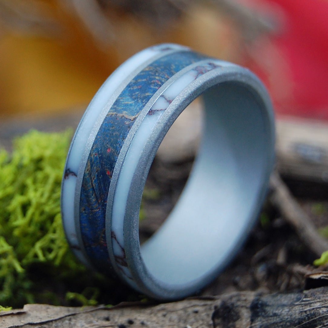 Wild River | Men's Wild Horse Jasper Stone, Blue Maple Wood & Titanium Wedding Ring - Minter and Richter Designs