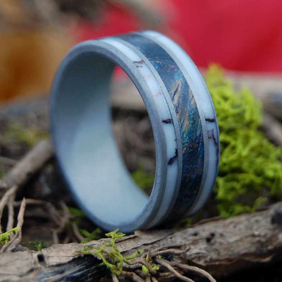 Wild River | Men's Wild Horse Jasper Stone, Blue Maple Wood & Titanium Wedding Ring - Minter and Richter Designs