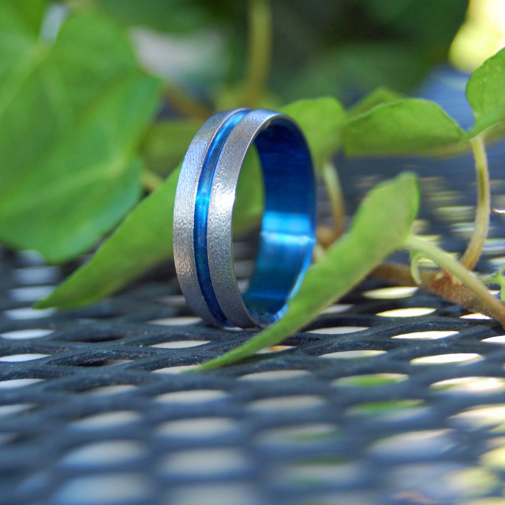 Wire Wheeled Blue Signature Ring | Men's Hand Anodized & Titanium Wedding Ring - Minter and Richter Designs