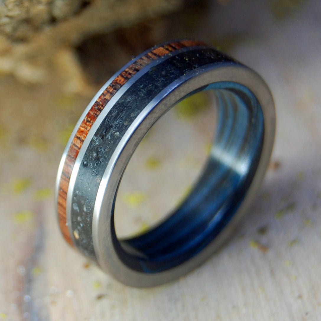 Wise Man Blue | Vik Beach Sand & Koa Wood, Blue Black Mokume Gane Titanium Wedding Ring - Minter and Richter Designs