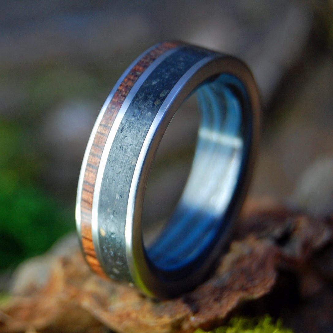 Wise Man Blue | Vik Beach Sand & Koa Wood, Blue Black Mokume Gane Titanium Wedding Ring - Minter and Richter Designs