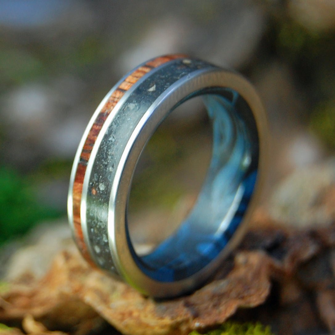 Wise Man Blue | Vik Beach Sand & Koa Wood, Blue Black Mokume Gane Titanium Wedding Ring - Minter and Richter Designs