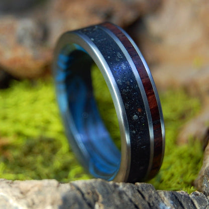 Wise Man Blue | Vik Beach Sand & Koa Wood, Blue Black Mokume Gane Titanium Wedding Ring - Minter and Richter Designs