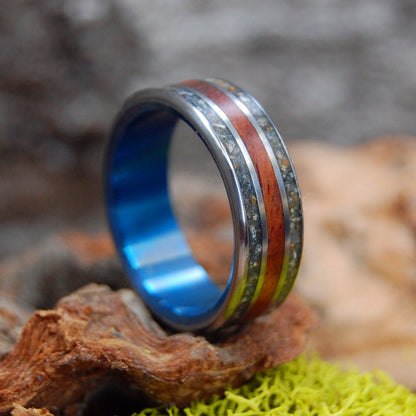 Wood And Beach Blue | Men's Amboyna Burl, Beach Sand & Titanium Wedding Ring - Minter and Richter Designs