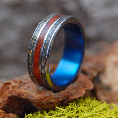 Wood And Beach Blue | Men's Amboyna Burl, Beach Sand & Titanium Wedding Ring - Minter and Richter Designs