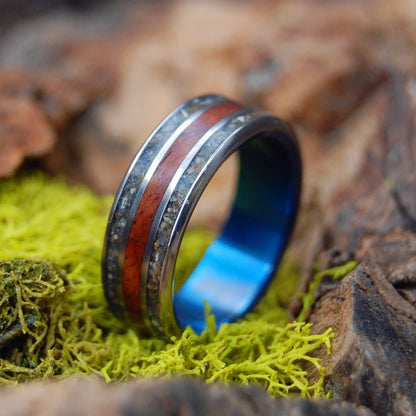 Wood And Beach Blue | Men's Amboyna Burl, Beach Sand & Titanium Wedding Ring - Minter and Richter Designs