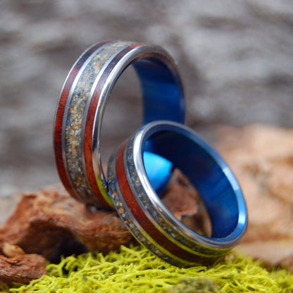 Wood Beach And Blue | Amboyna Burl & Beach Sand Titanium Wedding Ring Set - Minter and Richter Designs