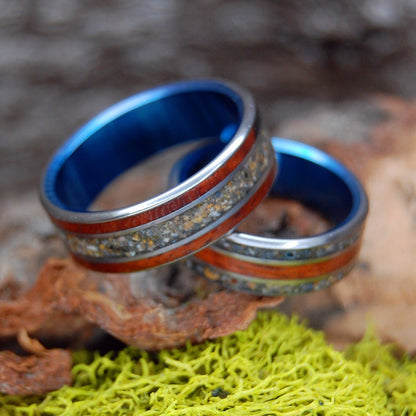 Wood Beach And Blue | Amboyna Burl & Beach Sand Titanium Wedding Ring Set - Minter and Richter Designs