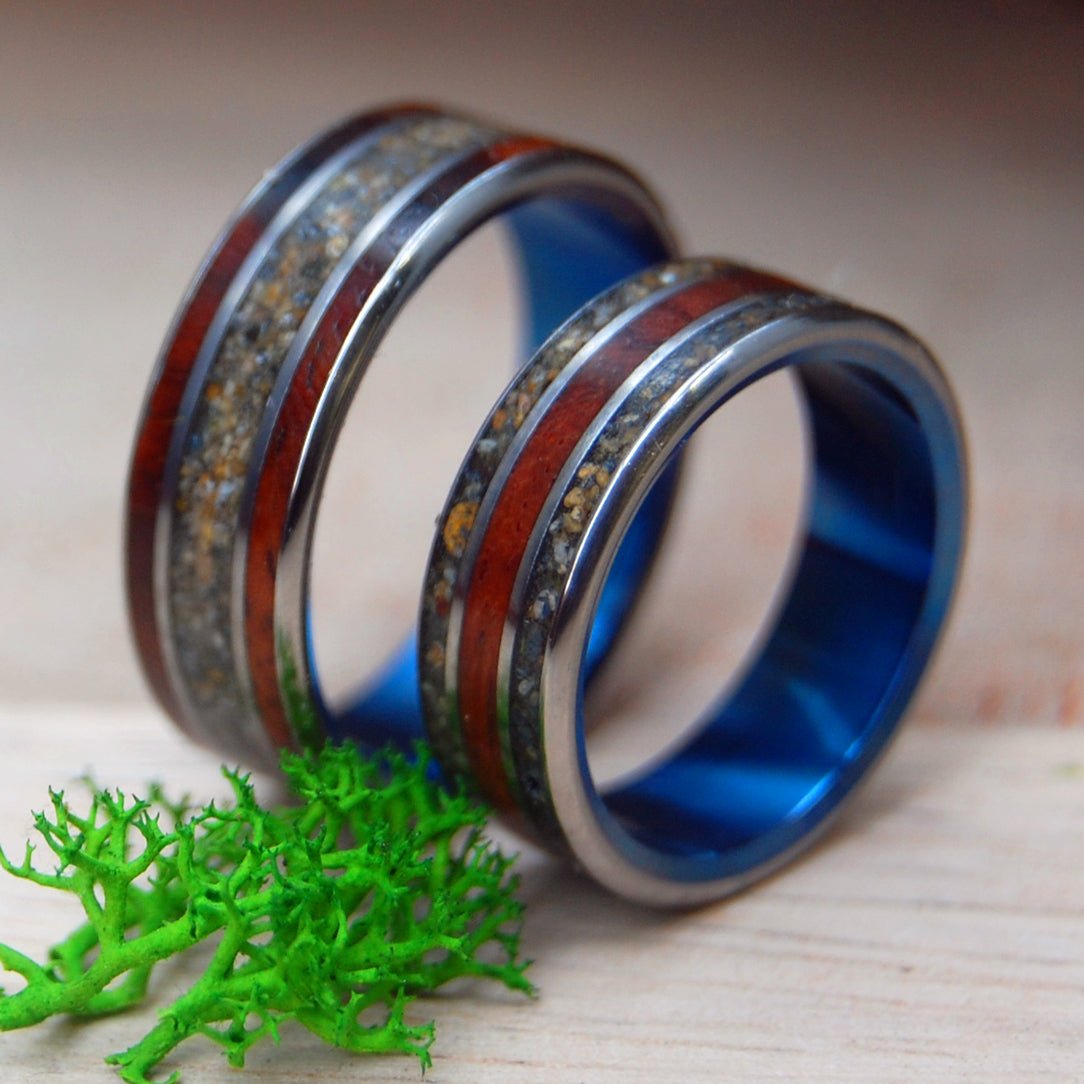 Wood Beach And Blue | Amboyna Burl & Beach Sand Titanium Wedding Ring Set - Minter and Richter Designs