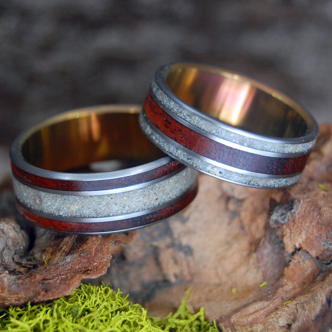 Wood & Beach Sunset | Amboyna Burl & Beach Sand Titanium Wedding Ring Set - Minter and Richter Designs