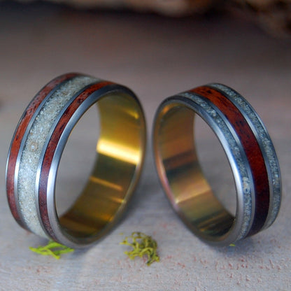 Wood & Beach Sunset | Amboyna Burl & Beach Sand Titanium Wedding Ring Set - Minter and Richter Designs