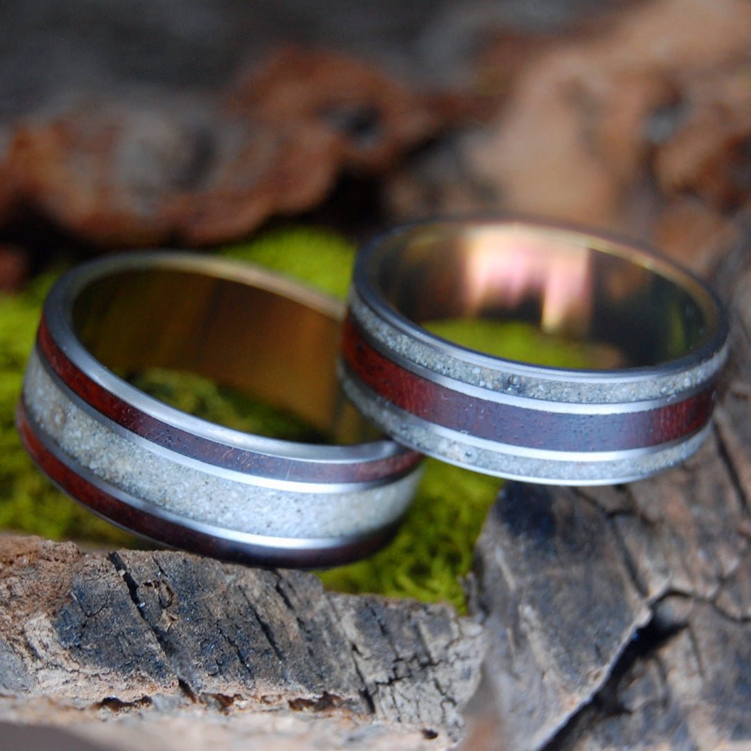 Wood & Beach Sunset | Amboyna Burl & Beach Sand Titanium Wedding Ring Set - Minter and Richter Designs