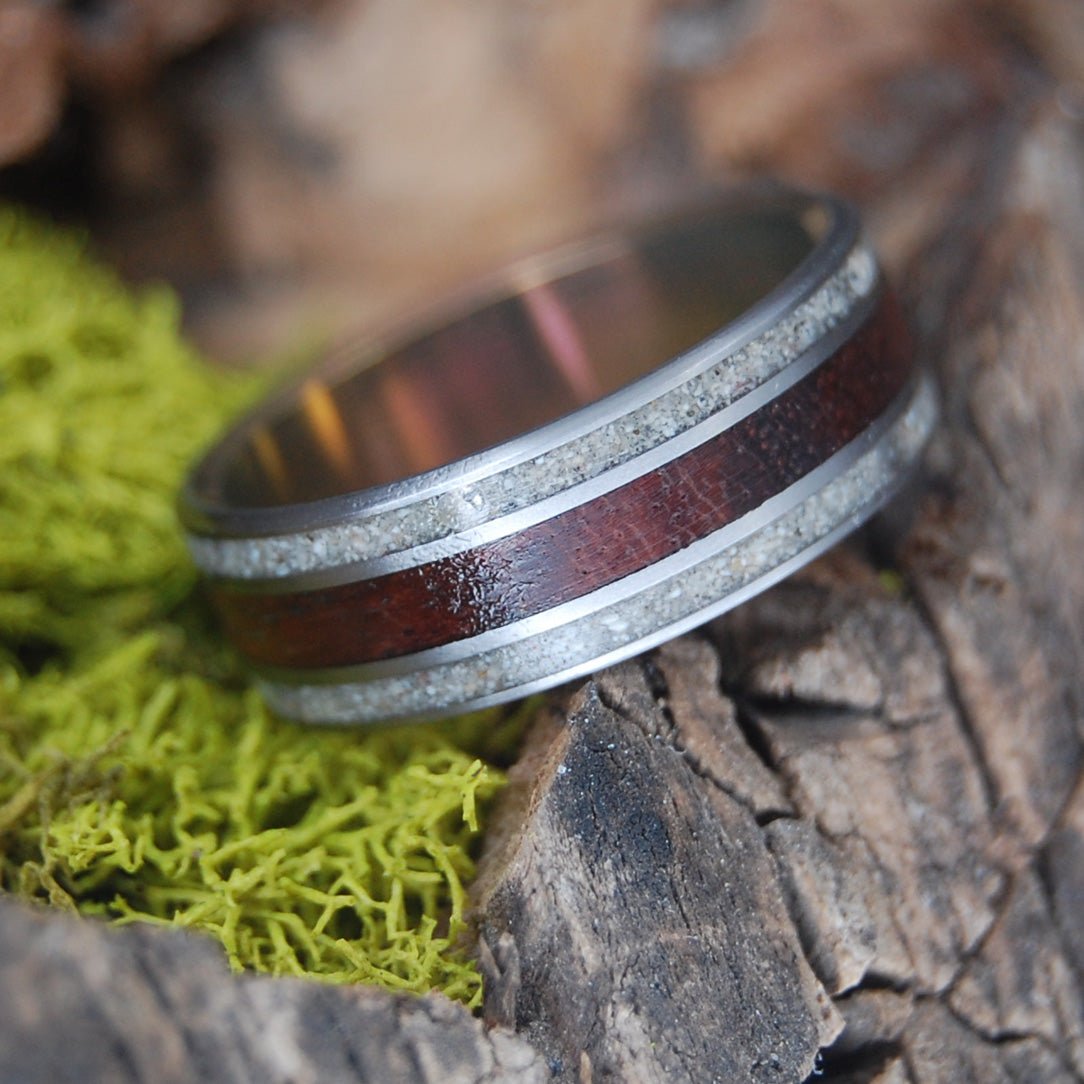 Wood & Beach Sunset Ii | Men's Amboyna Burl, Beach Sand & Titanium Wedding Ring - Minter and Richter Designs