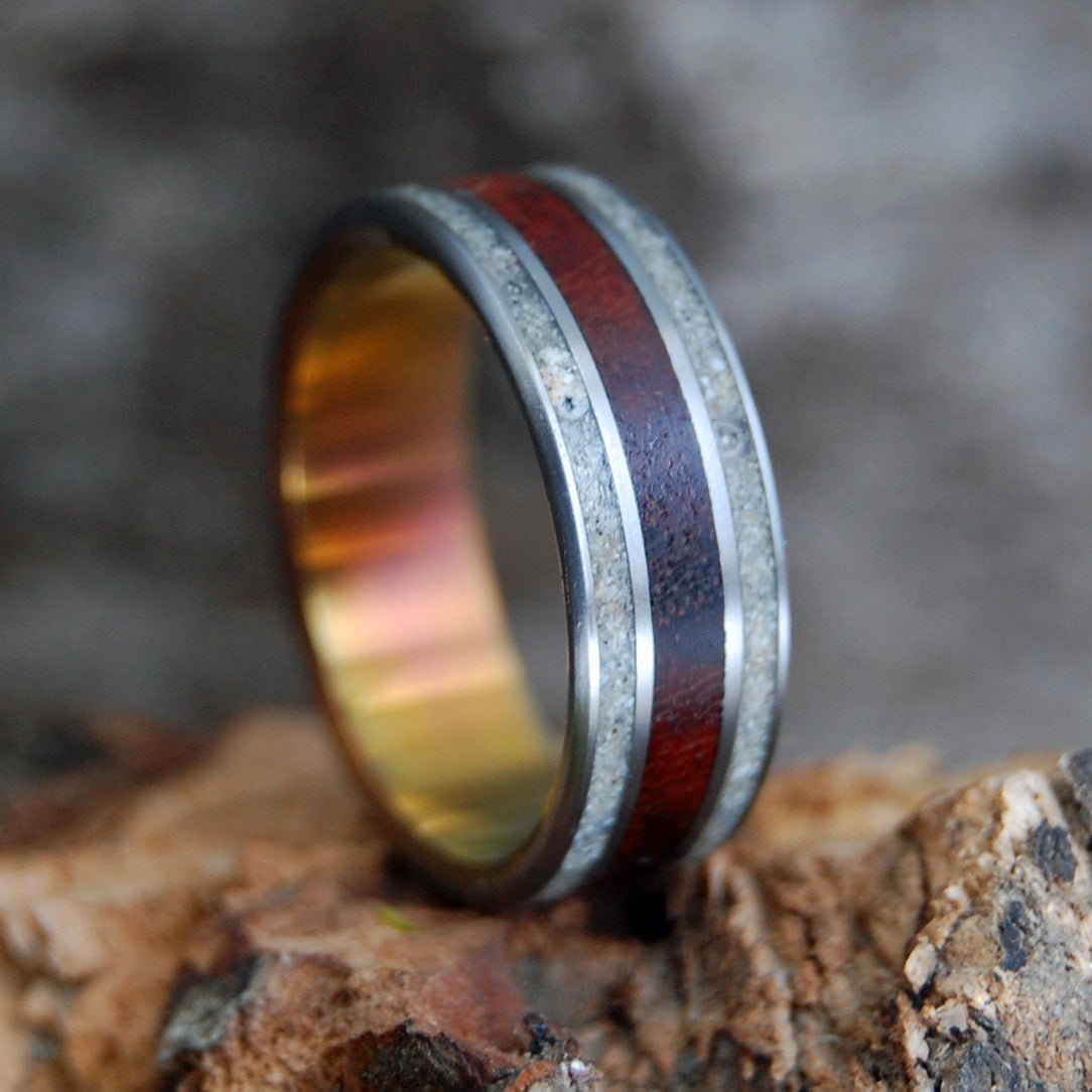 Wood & Beach Sunset Ii | Men's Amboyna Burl, Beach Sand & Titanium Wedding Ring - Minter and Richter Designs