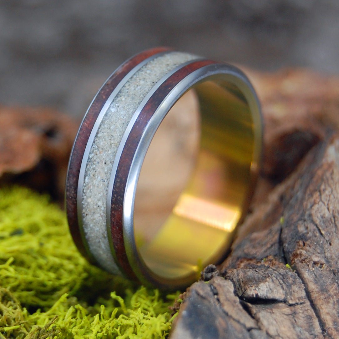 Wood & Beach Sunset | Men's Amboyna Burl, Beach Sand & Titanium Wedding Ring - Minter and Richter Designs