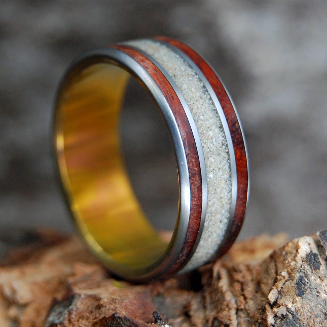 Wood & Beach Sunset | Men's Amboyna Burl, Beach Sand & Titanium Wedding Ring - Minter and Richter Designs