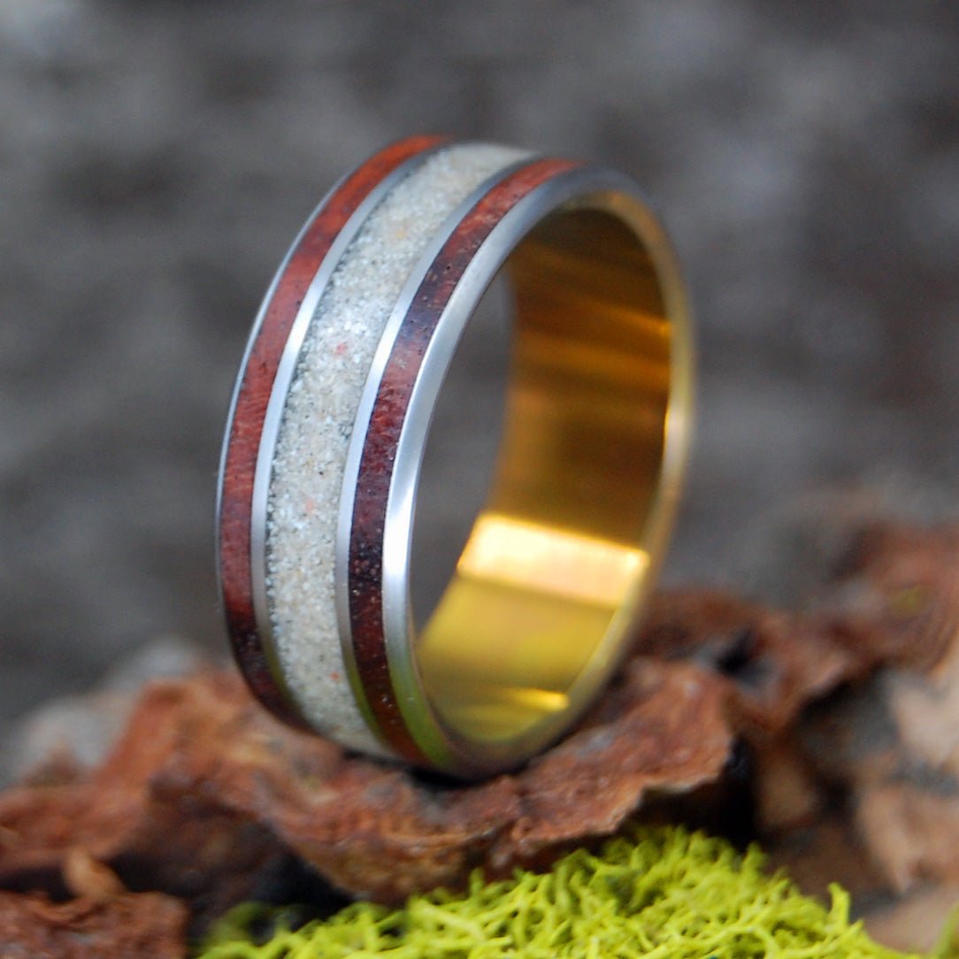 Wood & Beach Sunset | Men's Amboyna Burl, Beach Sand & Titanium Wedding Ring - Minter and Richter Designs