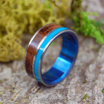 Wooded Cove Blue | Men's Turquoise Resin, Hawaiian Koa Wood & Titanium Wedding Ring - Minter and Richter Designs