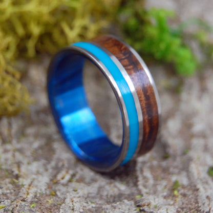 Wooded Cove Blue | Men's Turquoise Resin, Hawaiian Koa Wood & Titanium Wedding Ring - Minter and Richter Designs