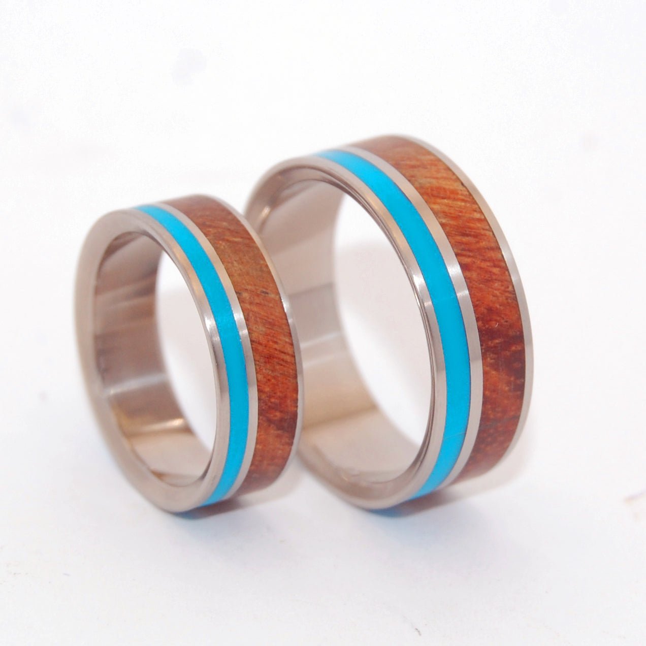 Wooded Cove | Turquoise Resin & Hawaiian Koa - Wooden Matching Titanium Wedding Ring Set - Minter and Richter Designs