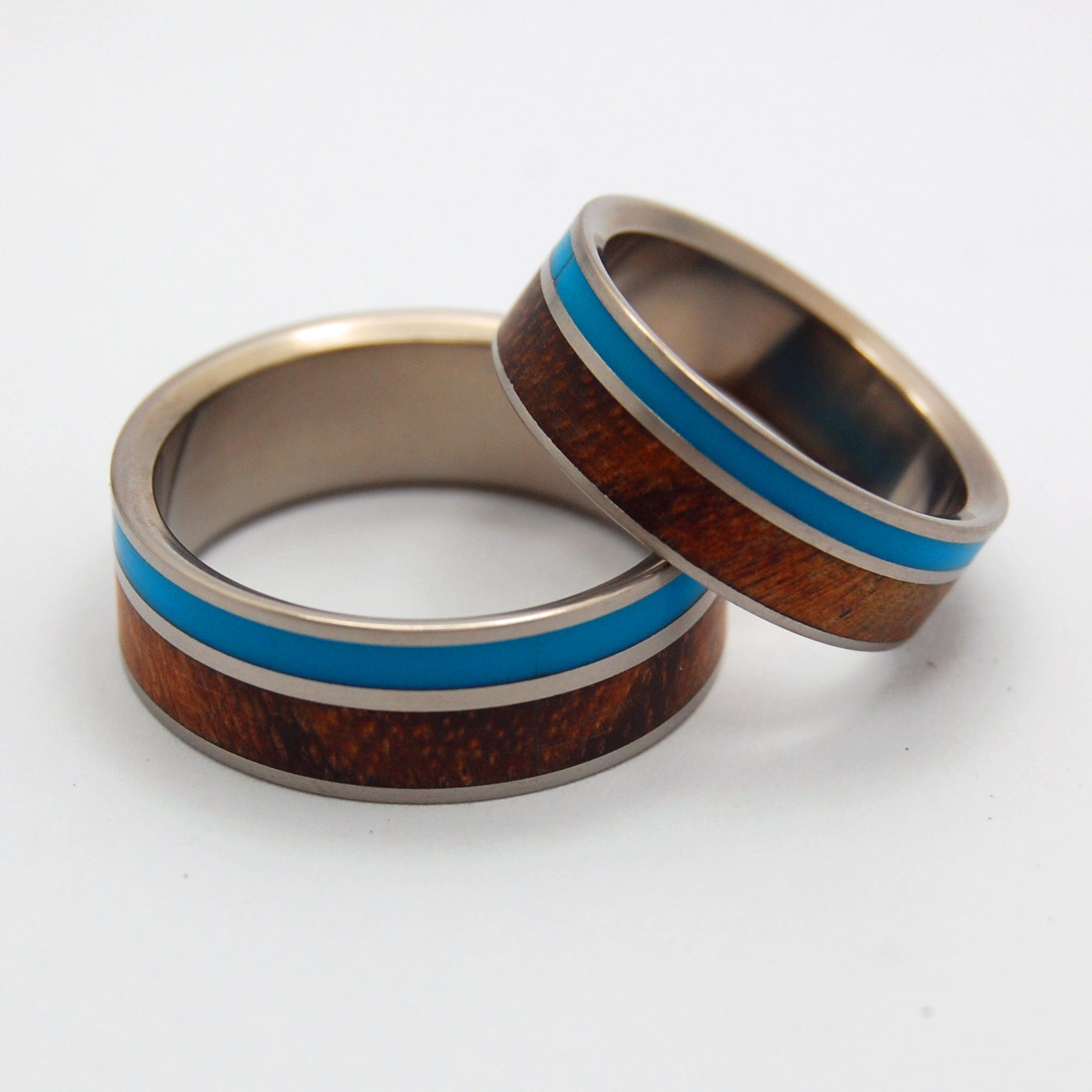 Wooded Cove | Turquoise Resin & Hawaiian Koa - Wooden Matching Titanium Wedding Ring Set - Minter and Richter Designs