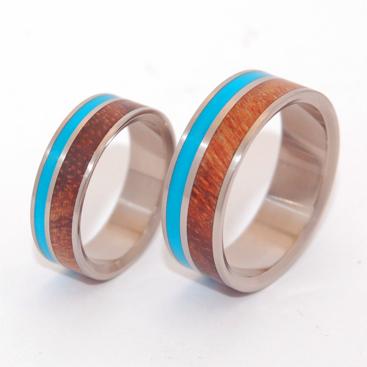 Wooded Cove | Turquoise Resin & Hawaiian Koa - Wooden Matching Titanium Wedding Ring Set - Minter and Richter Designs