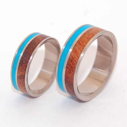 Wooded Cove | Turquoise Resin & Hawaiian Koa - Wooden Matching Titanium Wedding Ring Set - Minter and Richter Designs