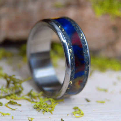 You Can | Men's Brass, Black Sand, Lava Explosion Resin & Titanium Wedding Ring - Minter and Richter Designs