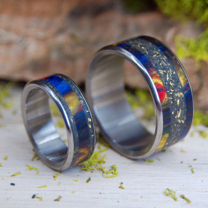 You Can Ring My Bell | Brass Bell And North Carolina Black Sand With Lava Explosion Resin - Titanium Wedding Ring Set - Minter and Richter Designs