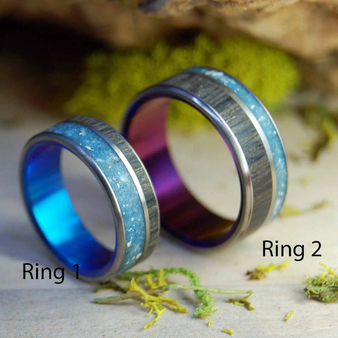 Your Personal Rocks Or Sand Purple And Blue | Your Rocks And Sand & Irish Bog Oak - Titanium Wedding Ring - Minter and Richter Designs