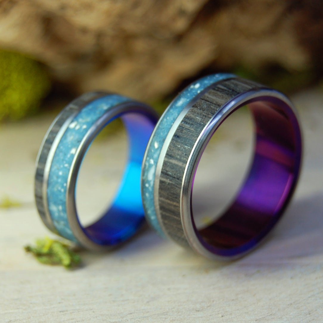 Your Personal Rocks Or Sand Purple And Blue | Your Rocks And Sand & Irish Bog Oak - Titanium Wedding Ring - Minter and Richter Designs