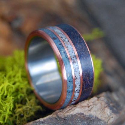 Zadkiel | Men's Blue Maple Wood, France Beach Sand, Moose Antler & Titanium Wedding Ring - Minter and Richter Designs