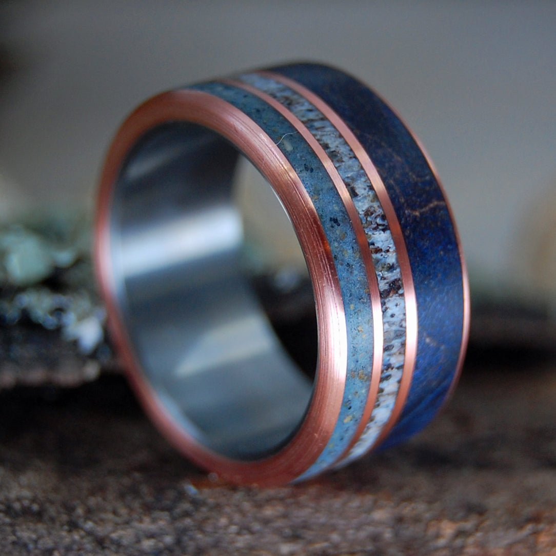 Zadkiel | Men's Blue Maple Wood, France Beach Sand, Moose Antler & Titanium Wedding Ring - Minter and Richter Designs