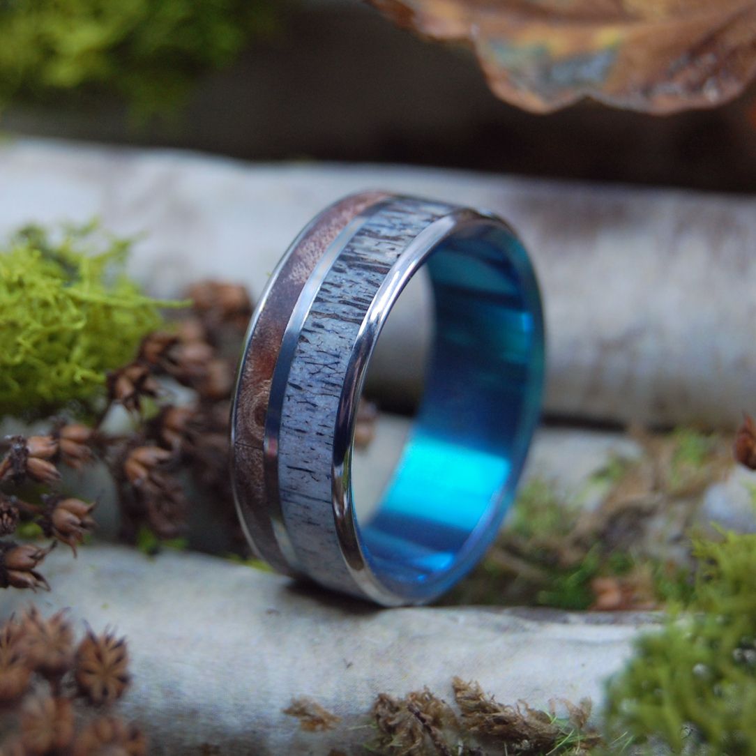 SUGAR SHACK | Moose Antler & Sugar Maple Titanium Wedding Rings - Minter and Richter Designs