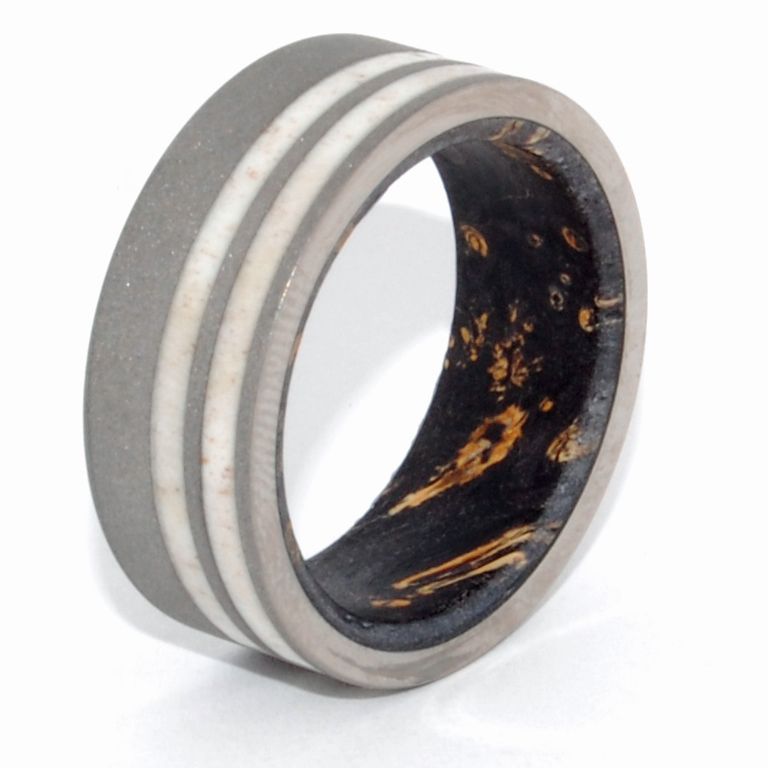 THE STRENGTH OF A WISE MAN | Titanium, Moose Antler and Box Elder Wood Men's Wedding Ring - Minter and Richter Designs